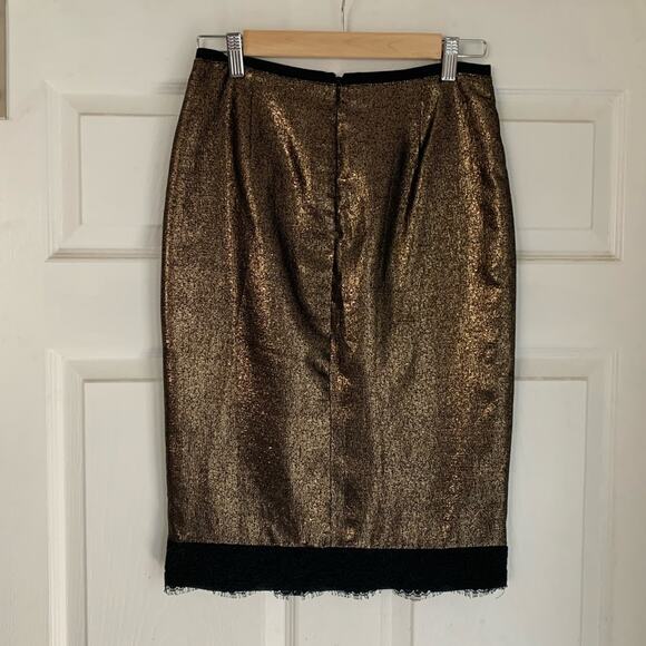 Tory Burch Metallic Gold Pencil Skirt w Black Lace Trim - Picture 2 of 16